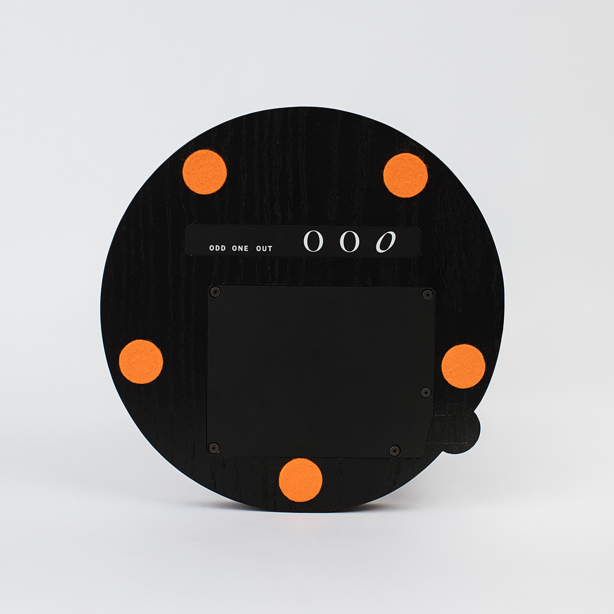 Bottom of the black ash table lamp showing the odd one out logo and orange Marino wool felts -black ash