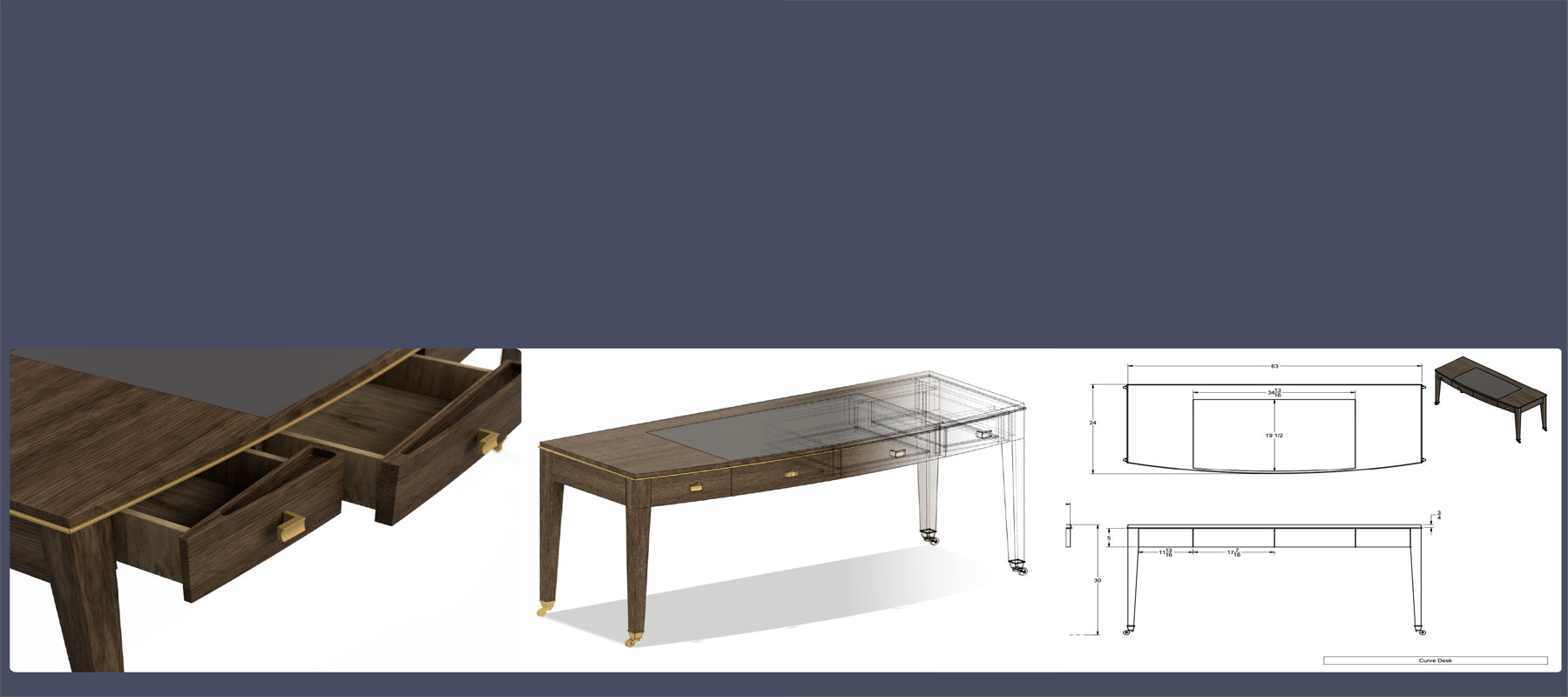 cad designed walnut desk with brushed brass accents. Digitally rendered with dimensional drawing. Custom furniture vancouver