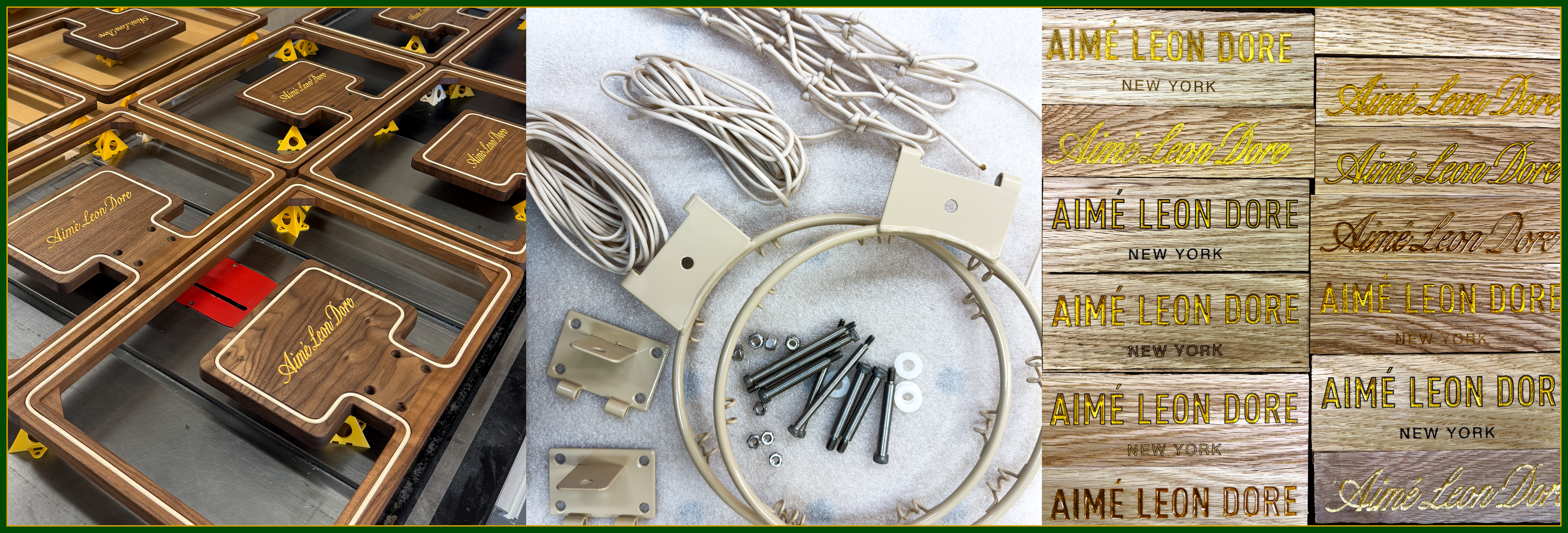 Behind-the-scenes view of Aimé Leon Dore mini hoop in production, showing rim assembly and engraved logo plaques during finishing process.
