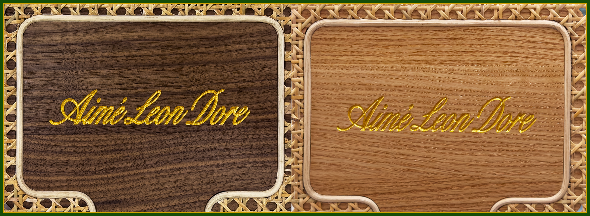 Comparison of white oak prototype and final walnut Aimé Leon Dore mini hoop featuring gold engraved logo detail on woven rattan backboard.