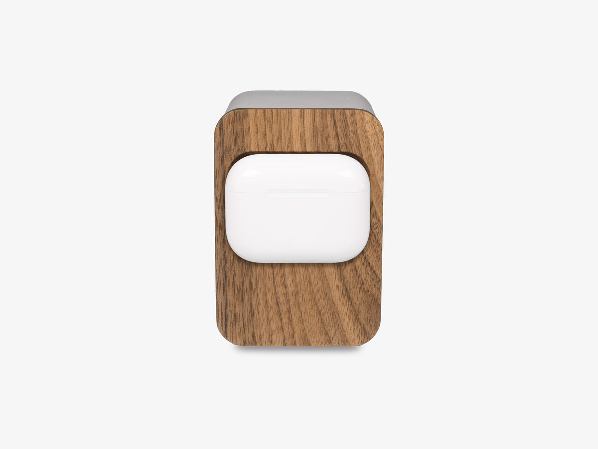 Walnut AirPod Pro Dock, in use, front view