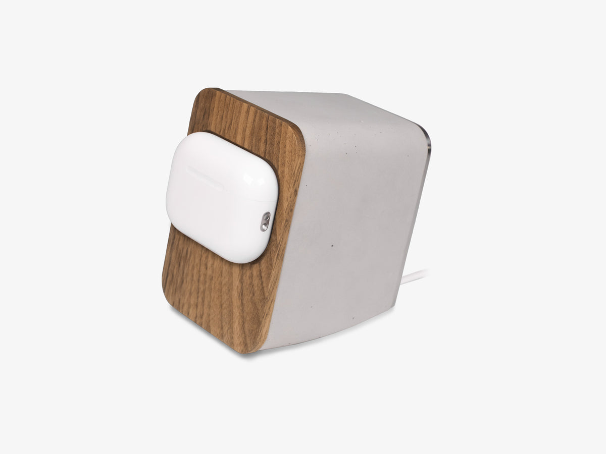 Walnut AirPod Pro Dock, with airpods, front-left view