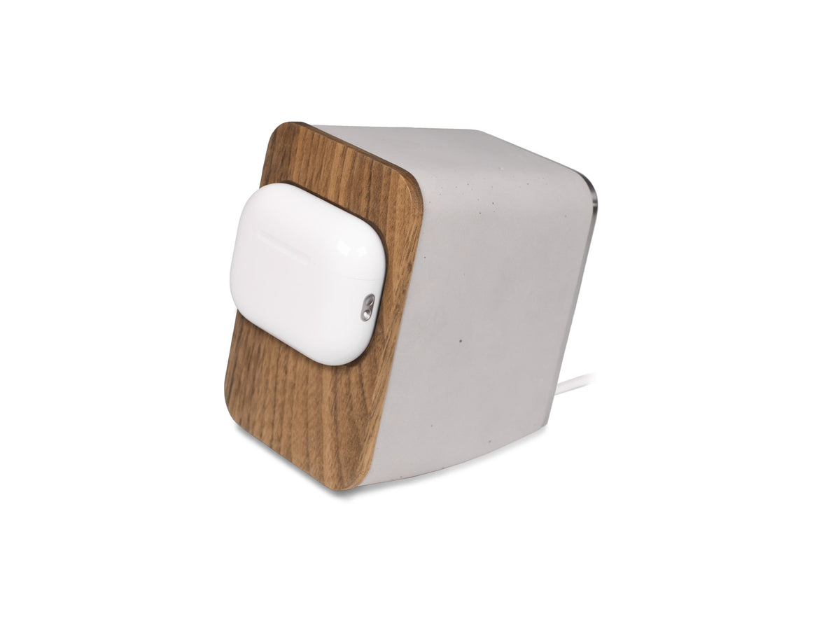Walnut AirPod Pro Dock, with airpods, front-left view