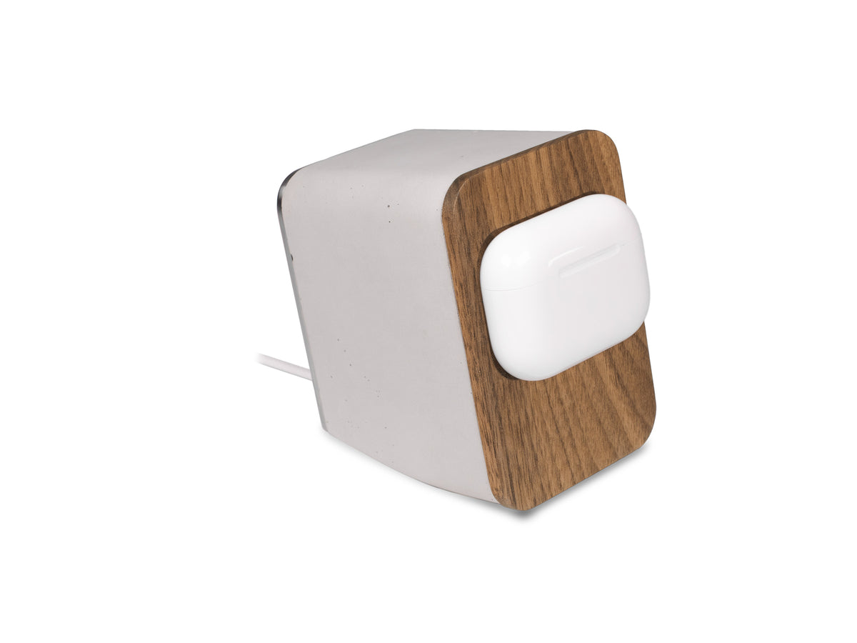 Walnut AirPod Pro Dock, with airpods, front-right view