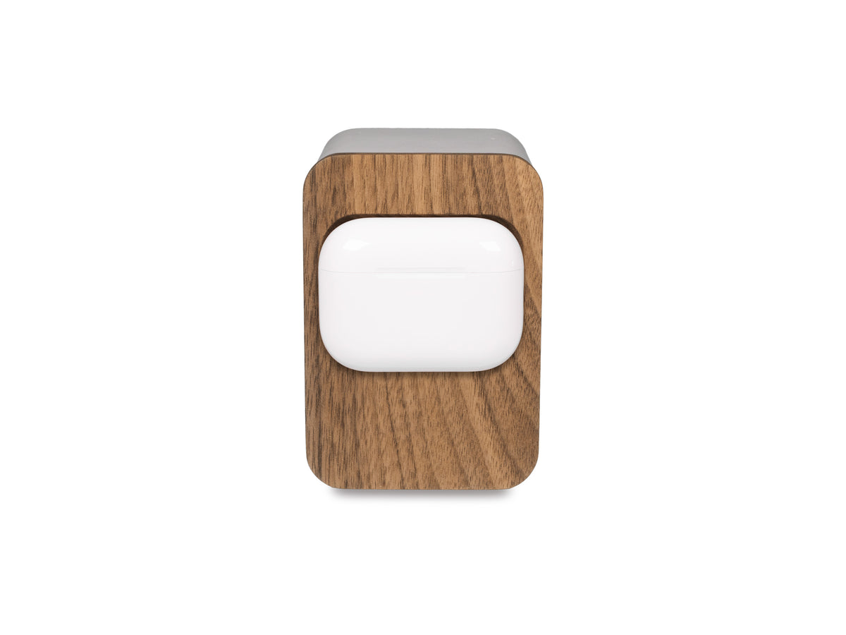 Walnut AirPod Pro Dock, with airpods, front view