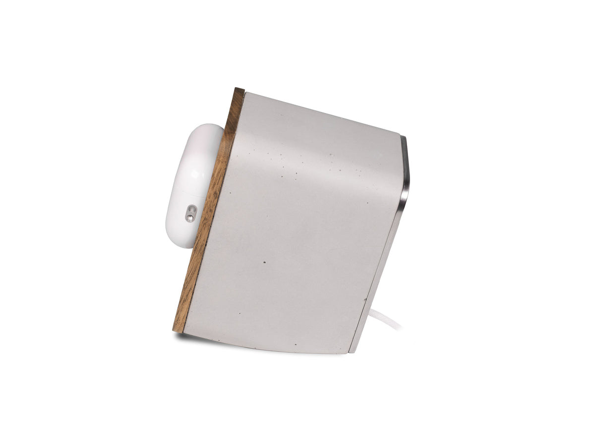 Walnut AirPod Pro Dock, in use, left view