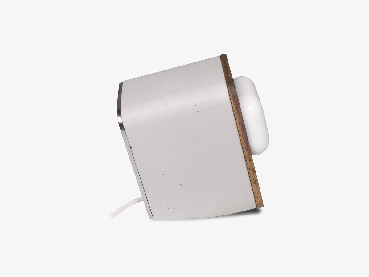 Walnut AirPod Pro Dock, in use, right view