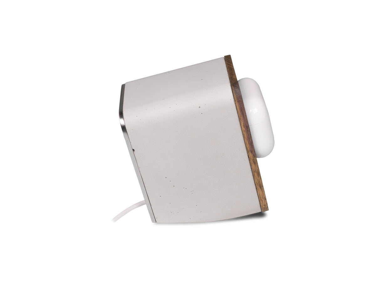Walnut AirPod Pro Dock, in use, right view