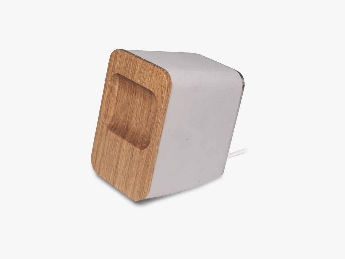 White Oak AirPod Pro Dock, charger only, front-left view