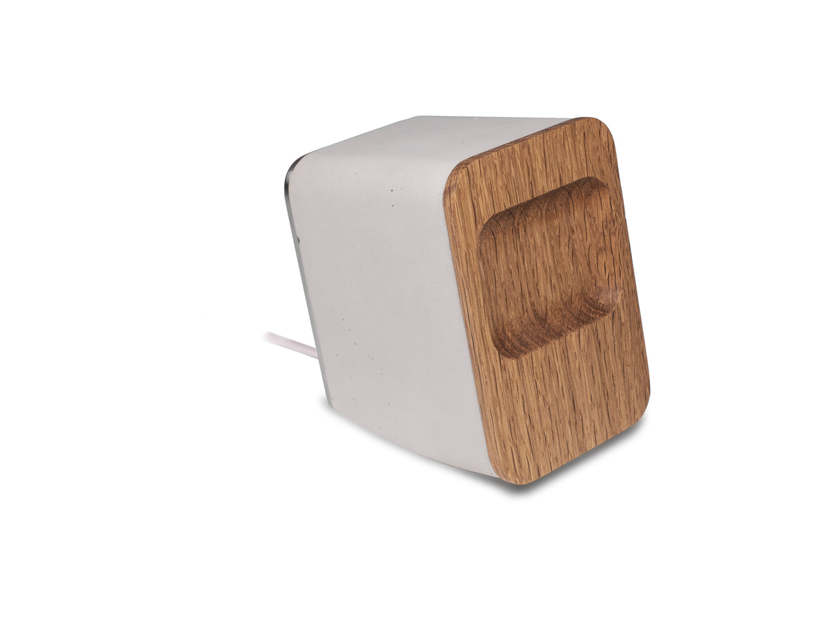 White Oak AirPod Pro Dock, charger only, front-right view