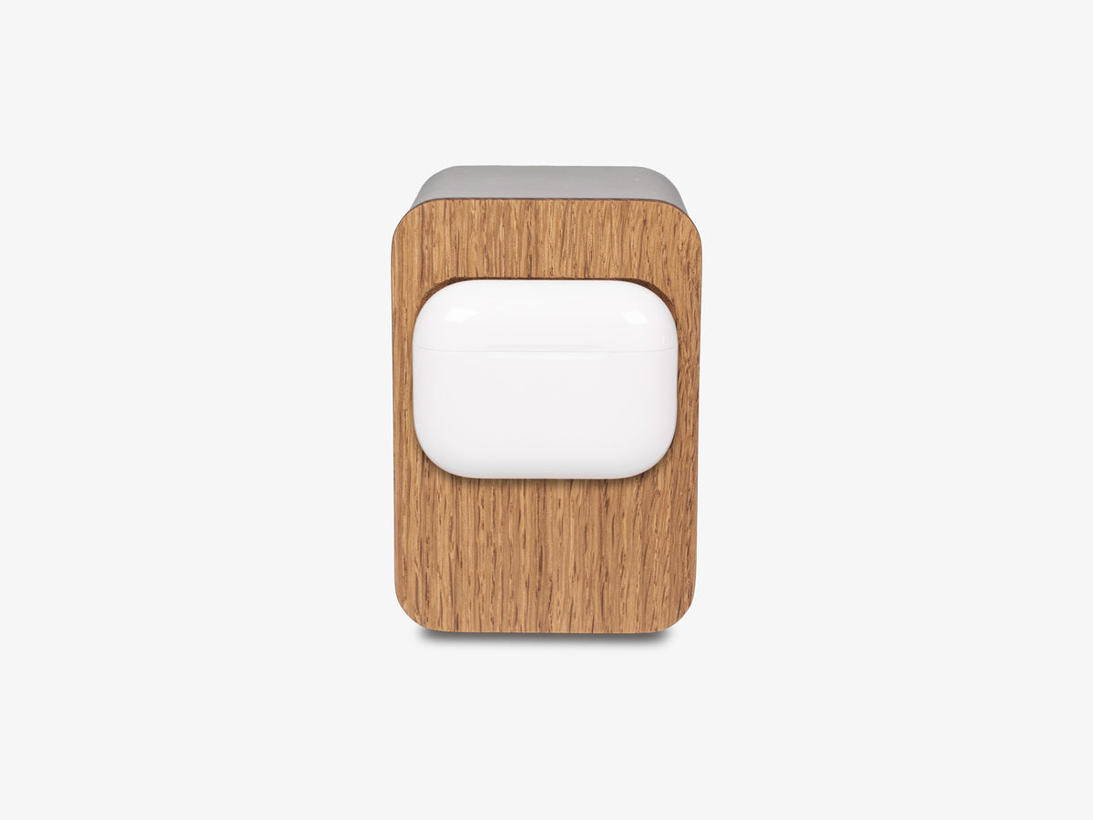 White Oak AirPod Pro Dock, with airpods, front view