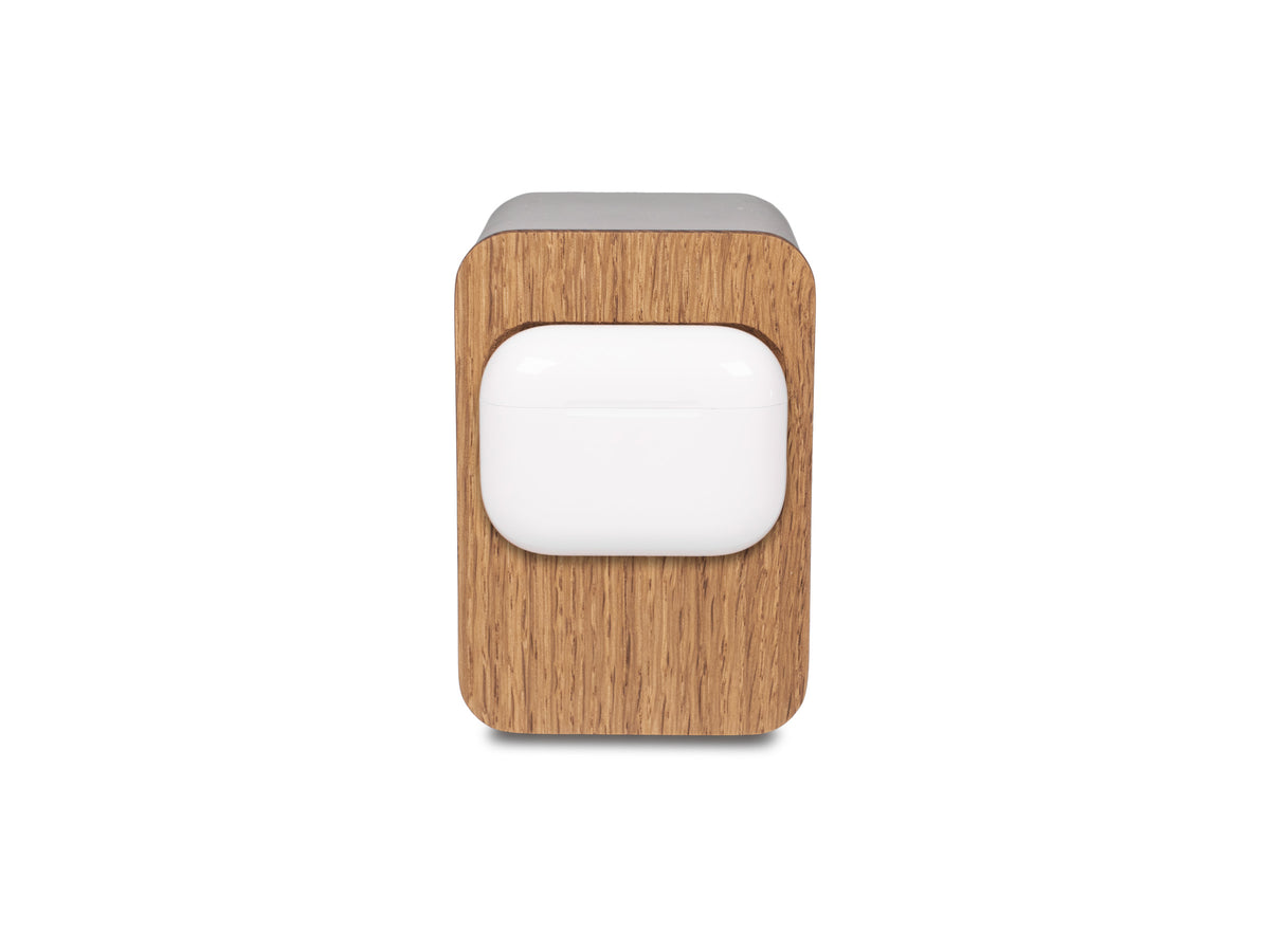 White Oak AirPod Pro Dock, with airpods, front view