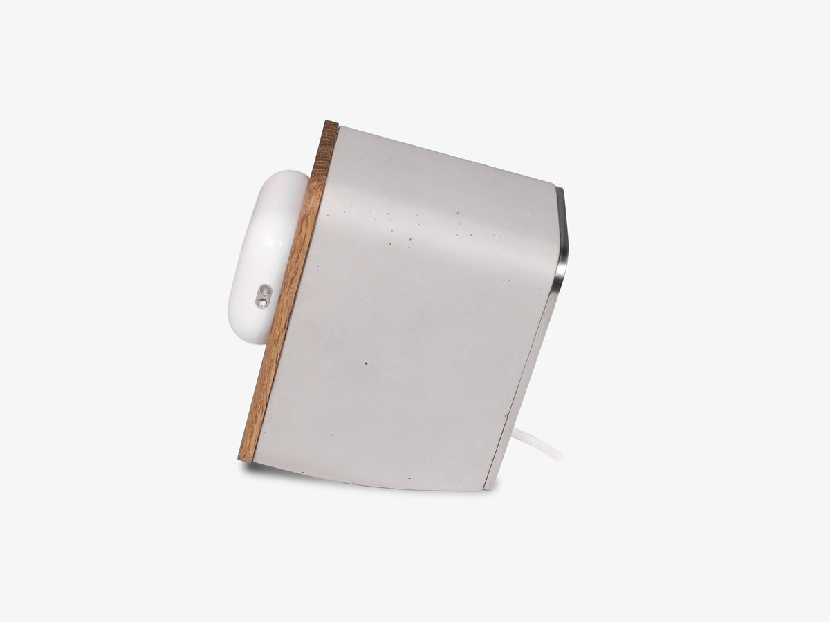 White Oak AirPod Pro Dock, with airpods, left view