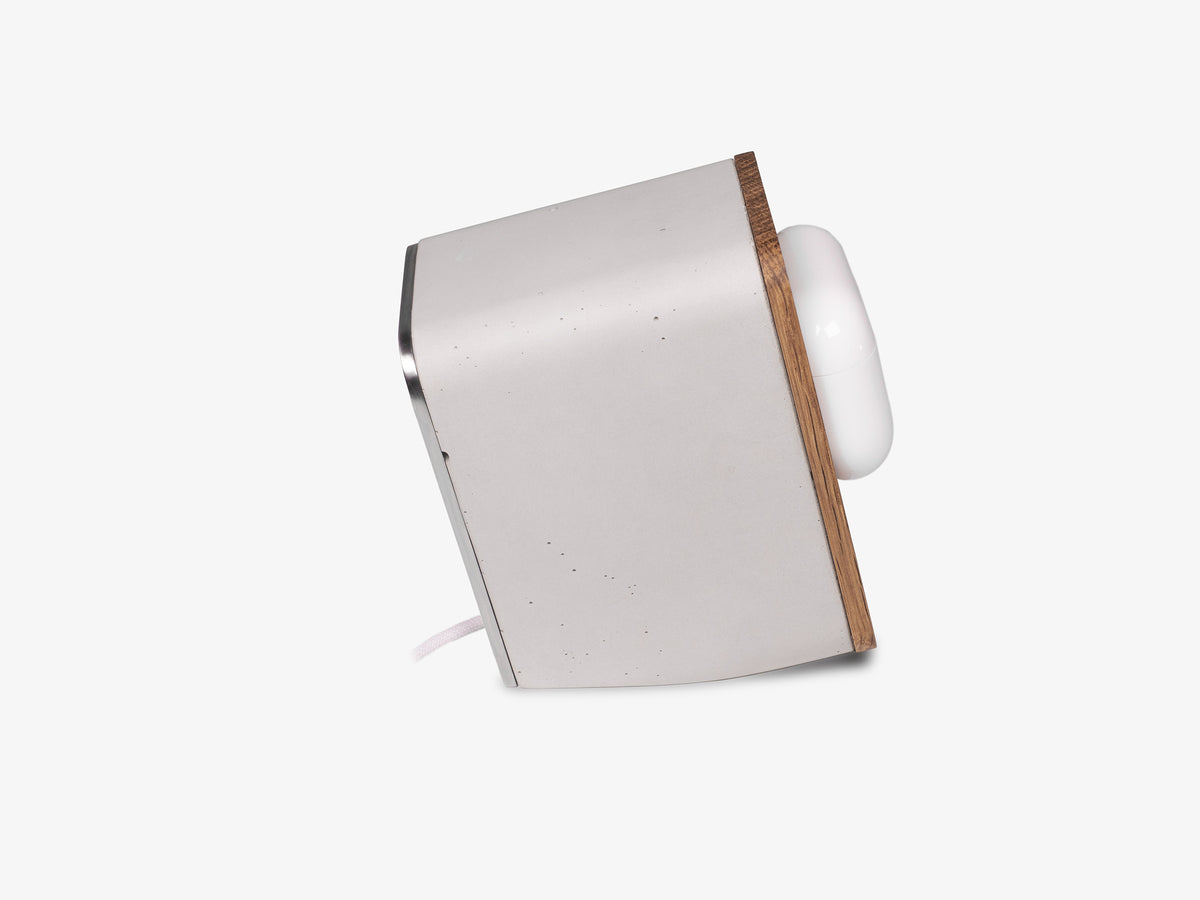 White Oak AirPod Pro Dock, with airpods, right view