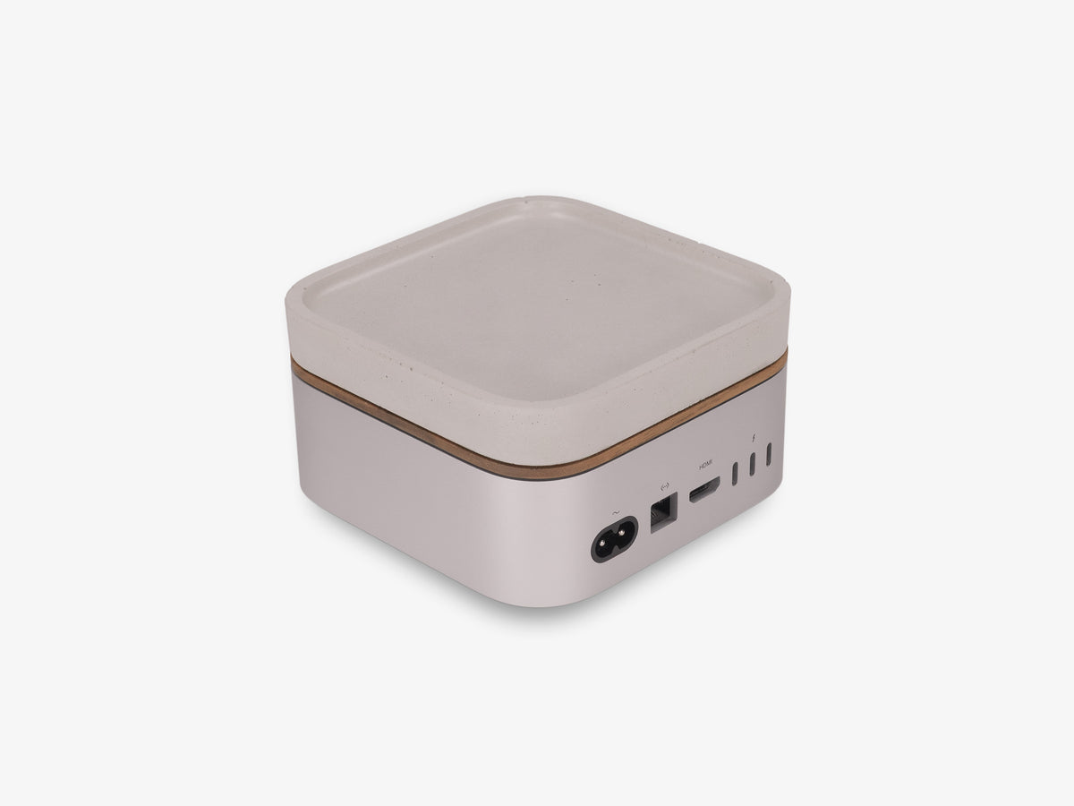 Walnut Mac Mini Tray, with mac mini, back-left view