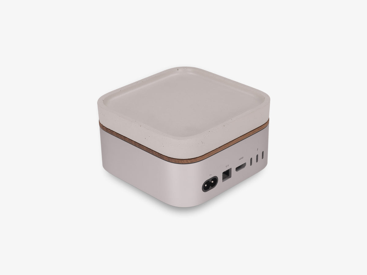 White Oak Mac Mini Tray, with mac mini, back-left view