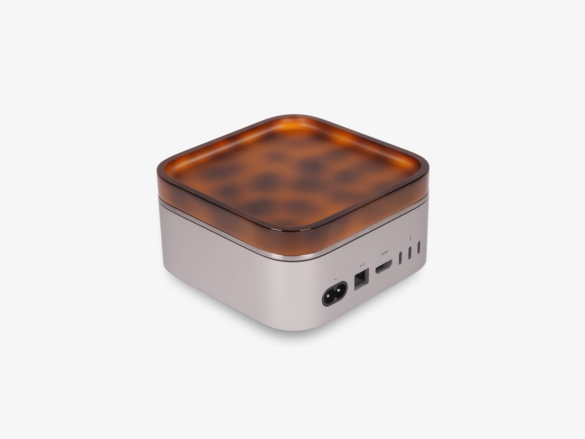 Tortoiseshell Mac Mini Tray, in use, back-left view