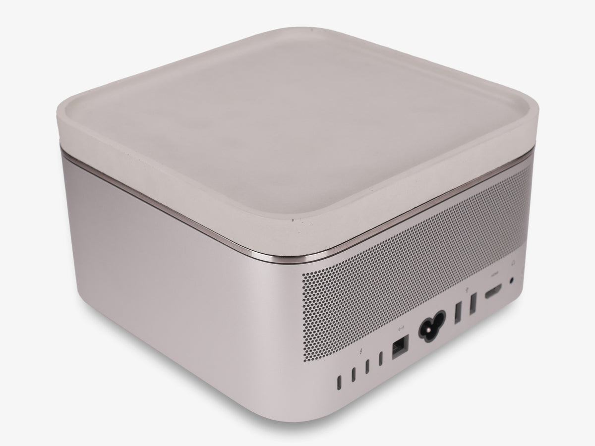 Stainless Steel Mac Studio Tray, in use, back-left view