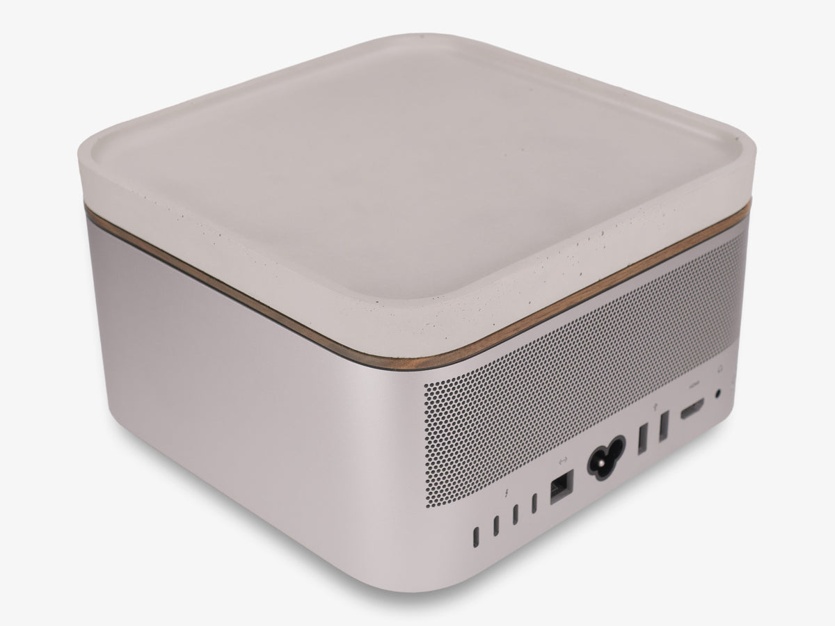 Walnut Mac Studio Tray, with mac studio, back-left view