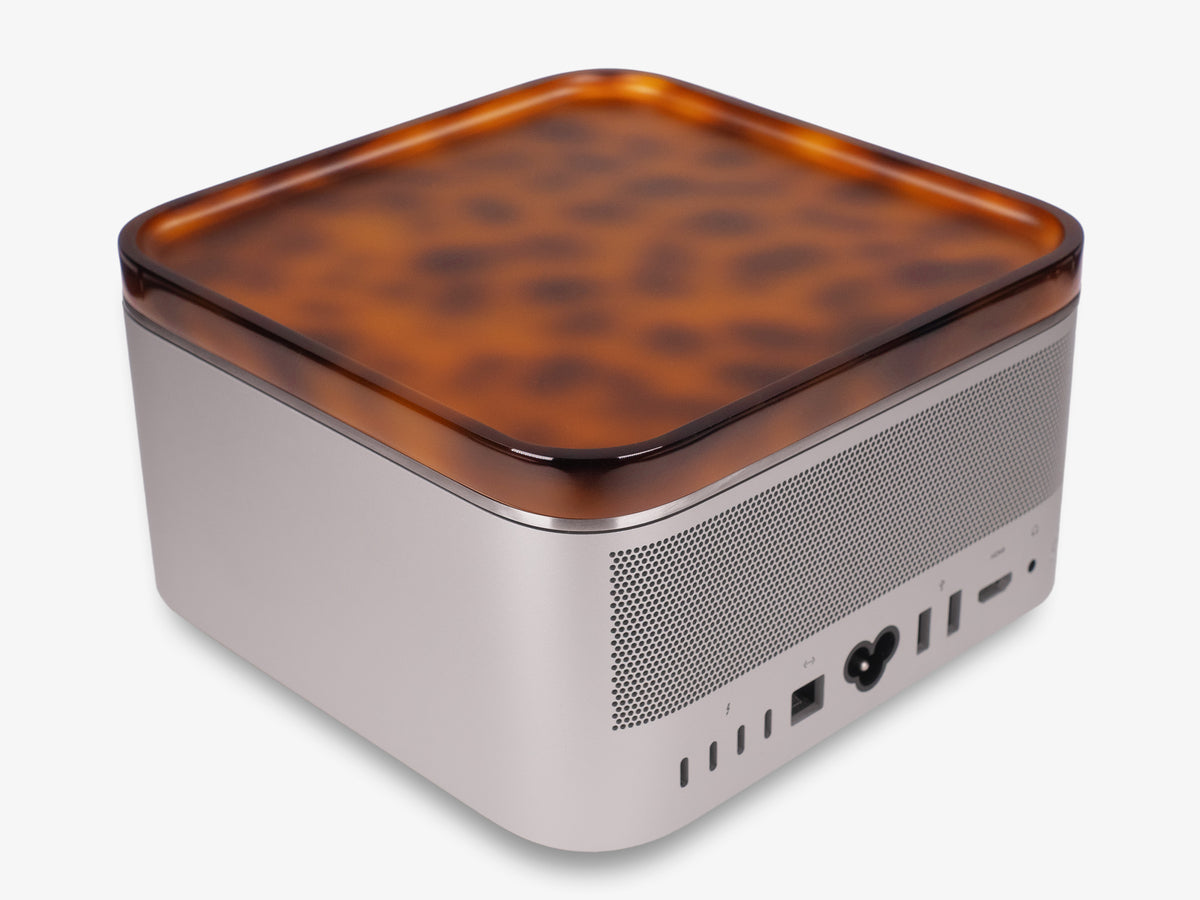 Tortoiseshell Mac Studio Tray, in use, back-left view
