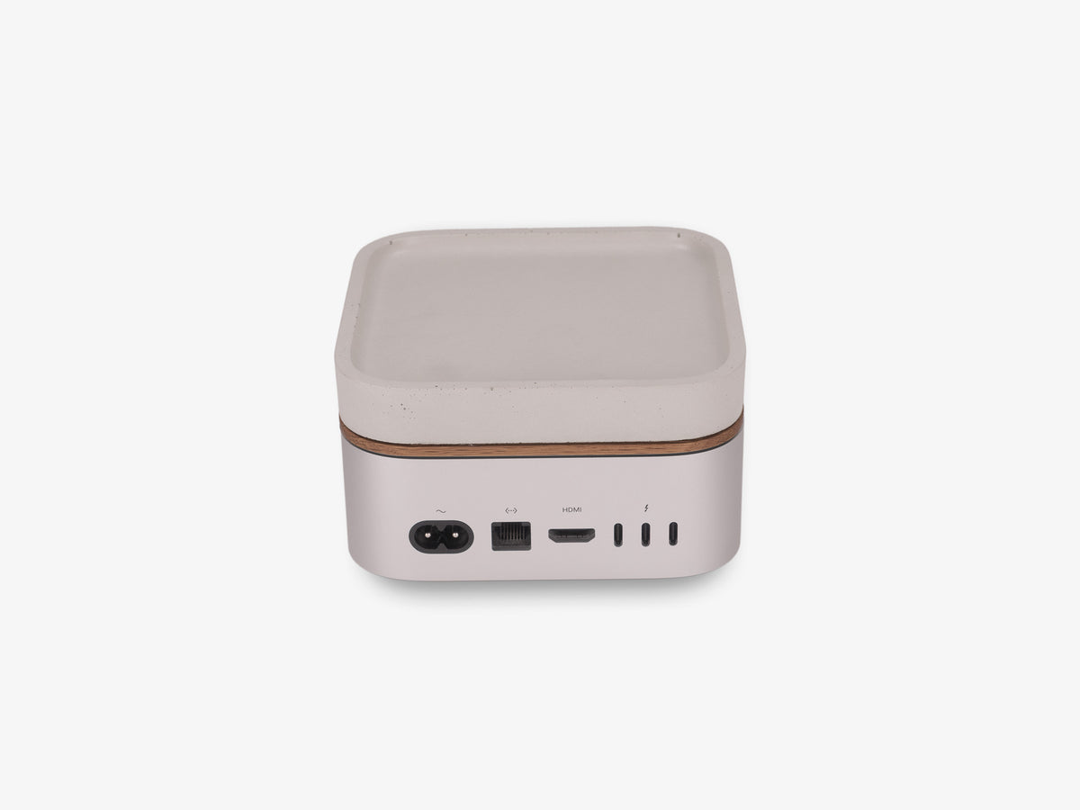 White Oak Mac Mini Tray, with mac mini, back view