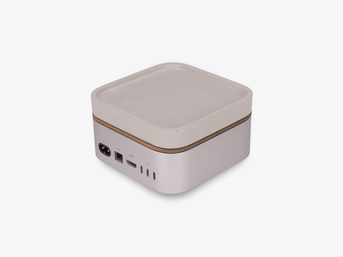 Walnut Mac Mini Tray, with mac mini, back-right view