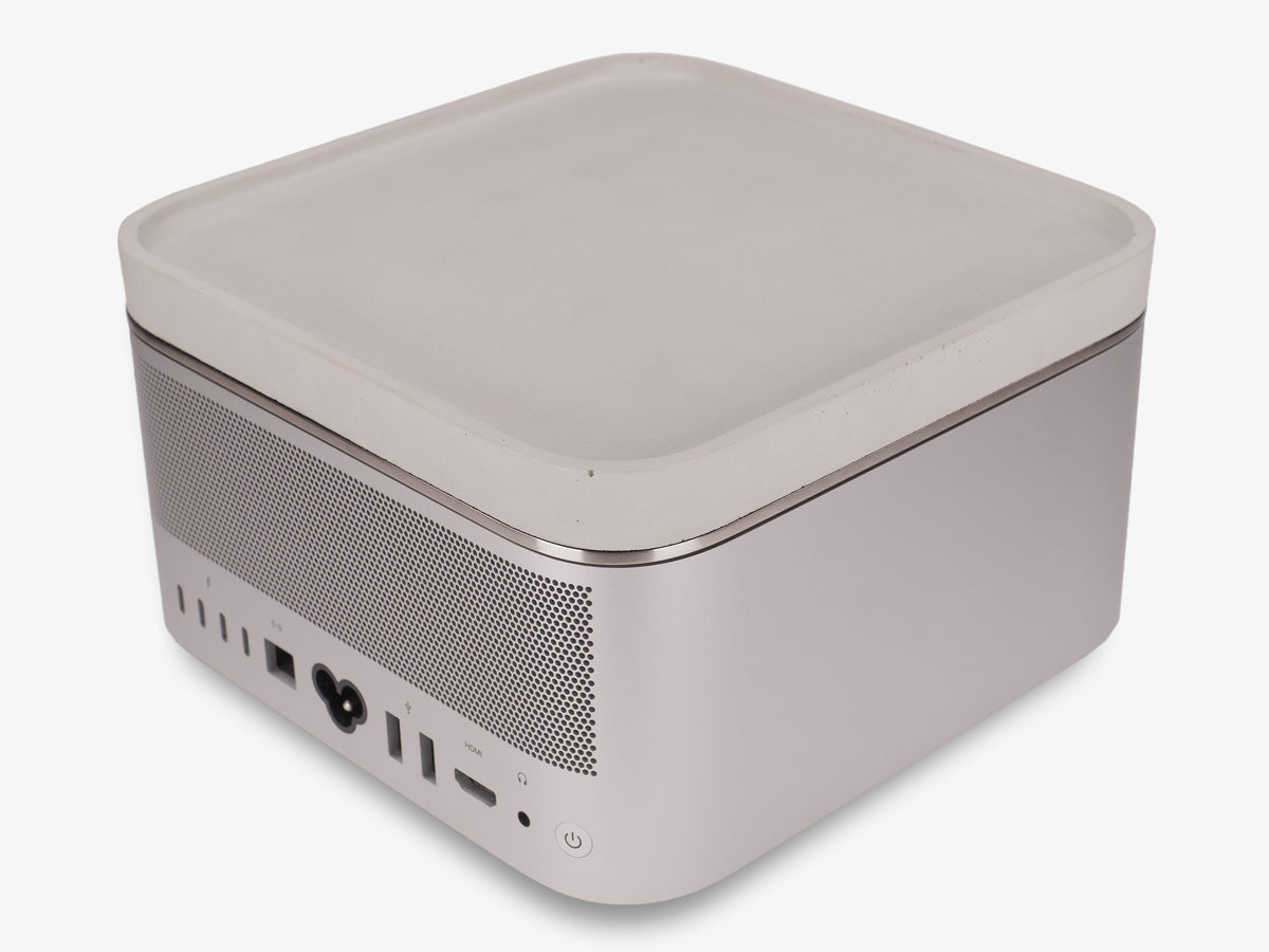 Stainless Steel Mac Studio Tray, in use, back-right view