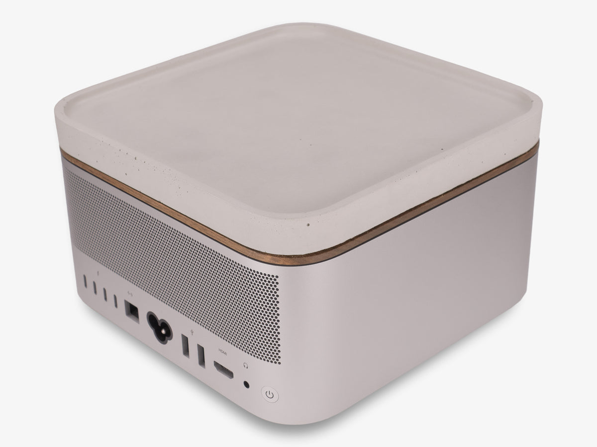 Walnut Mac Studio Tray, with mac studio, back-right view