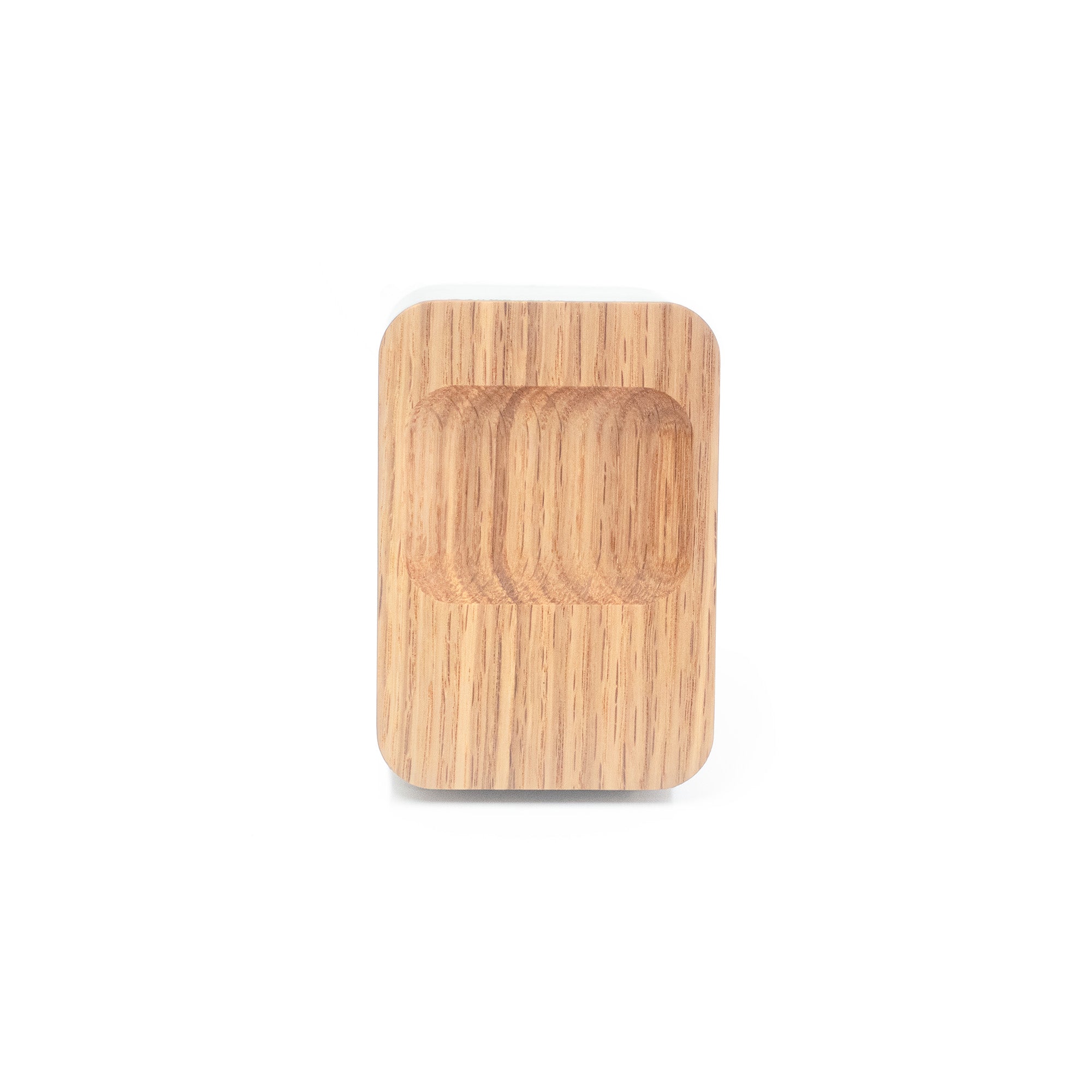 Concrete and white oak AirPods Pro charging stand featuring hidden MagSafe magnet and recessed wood dish in Scandinavian minimal design.
