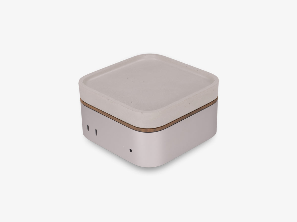 Walnut Mac Mini Tray, in use, front-left view