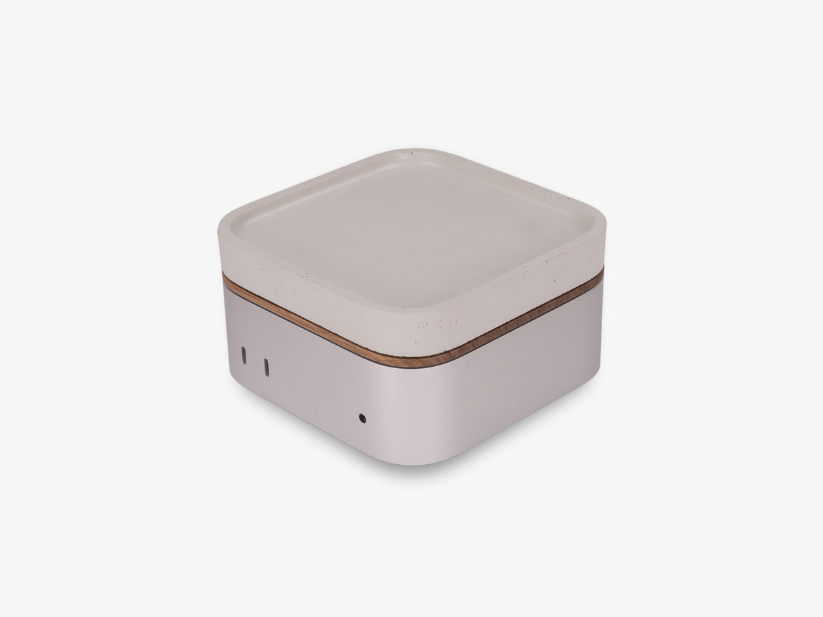 Mac Mini Tray — Concrete / White Oak, in use
