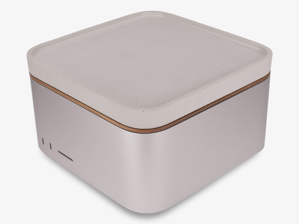 White Oak Mac Studio Tray, in use, front-left view