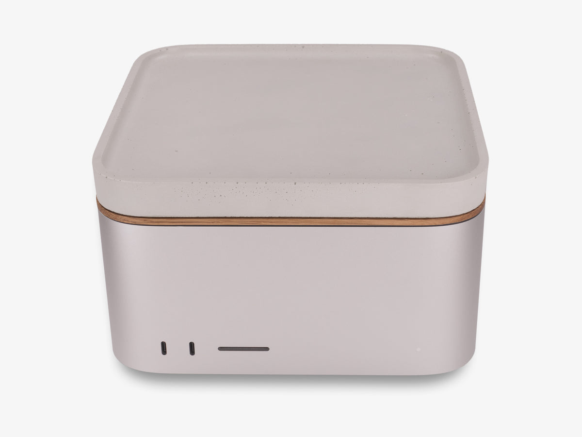 White Oak Mac Studio Tray, in use, front view