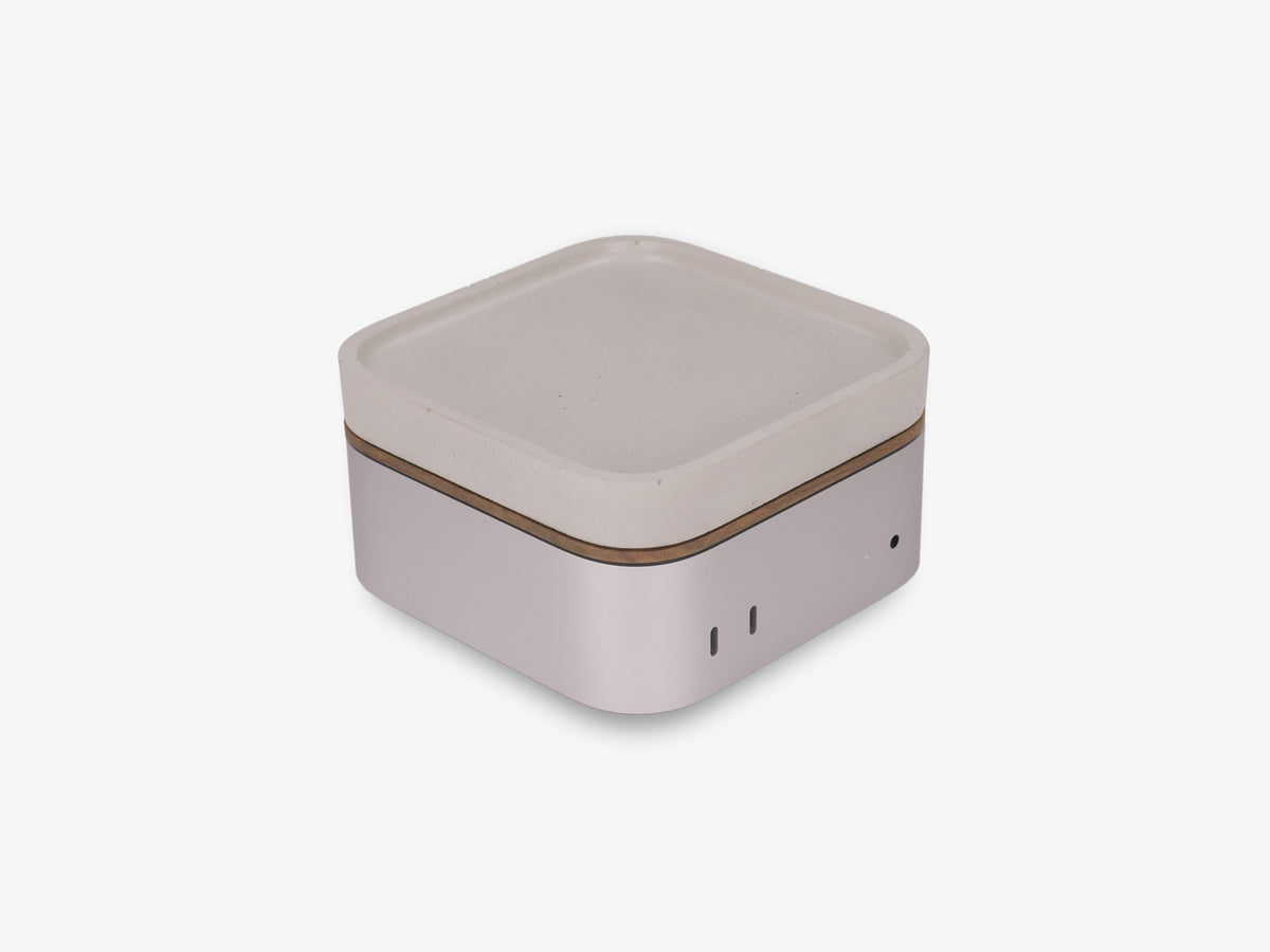 Walnut Mac Mini Tray, with mac mini, front-right view