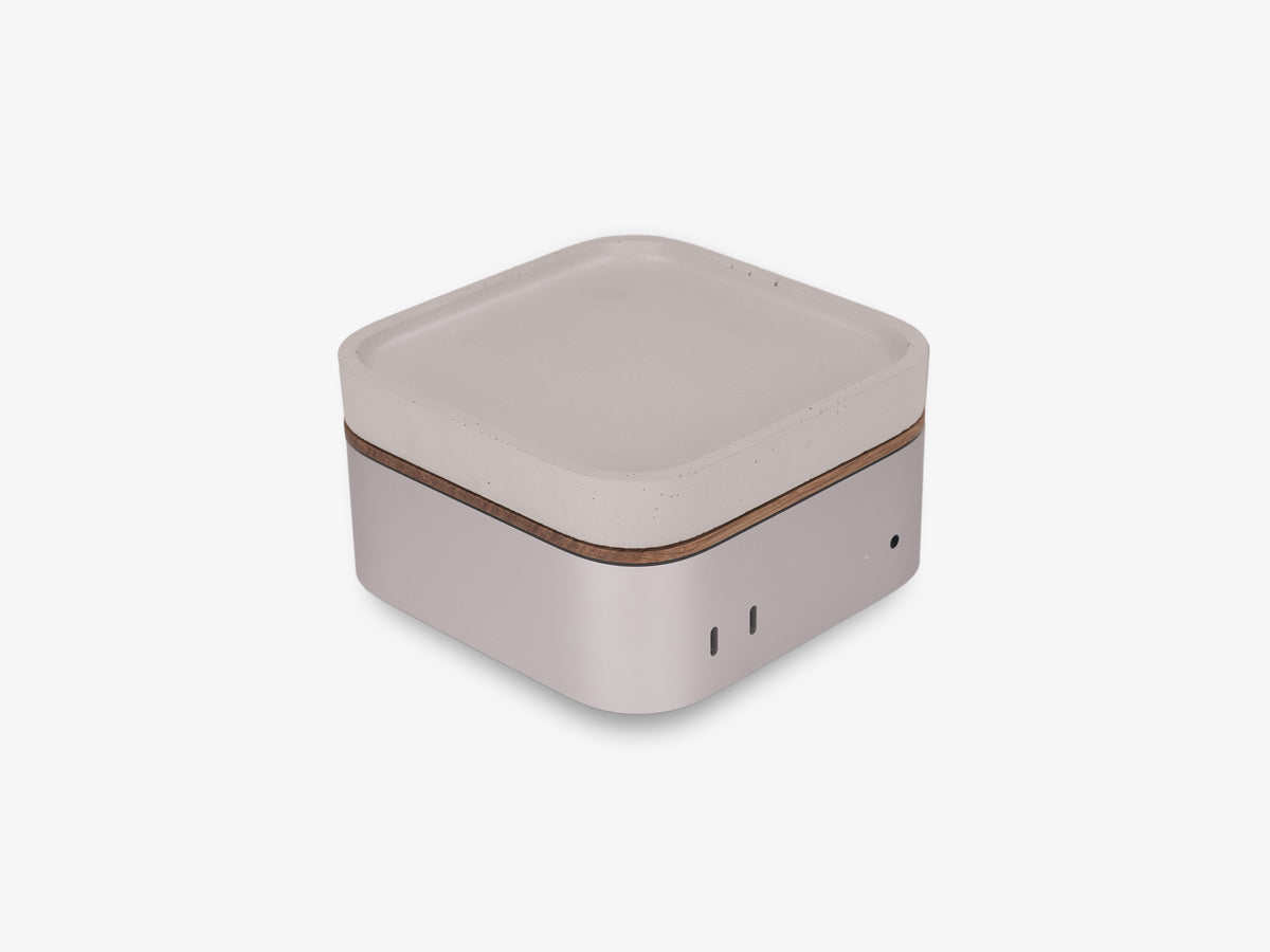 White Oak Mac Mini Tray, with mac mini, front-right view