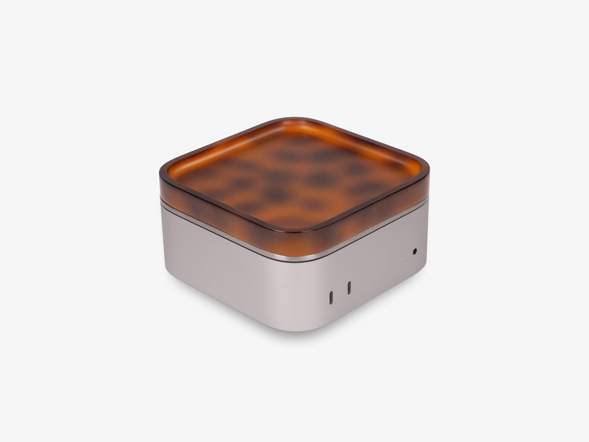 Tortoiseshell Mac Mini Tray, with mac mini, front-right view
