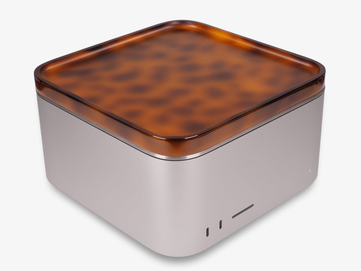 Tortoiseshell Mac Studio Tray, in use, front-right view