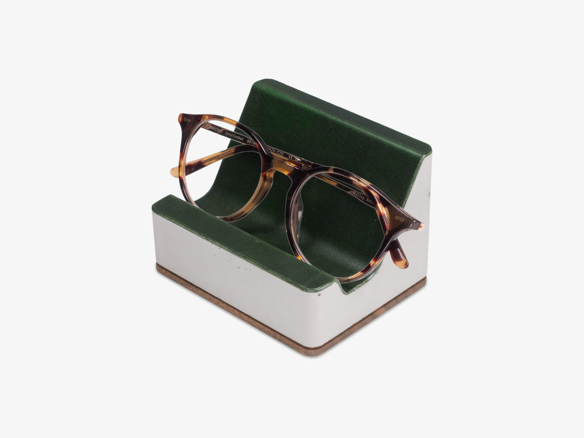 Walnut Glasses Rest, Italian Leather, in use, front-left view