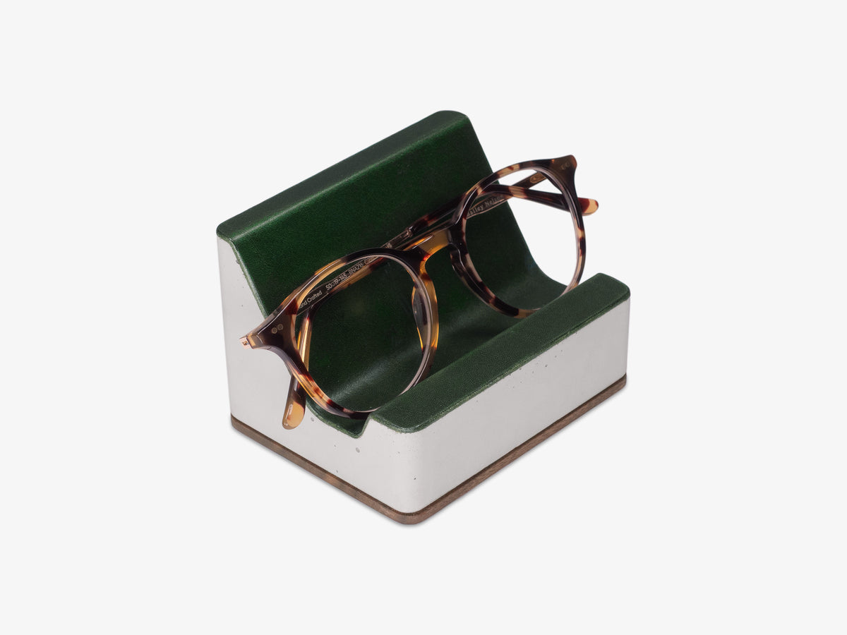 Walnut Glasses Rest, Italian Leather, in use, front-right view