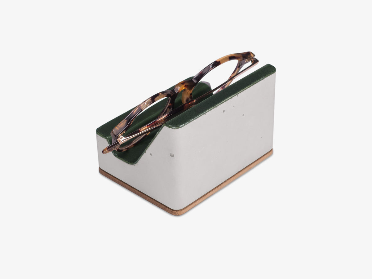 White Oak Glasses Rest, Italian Leather, in use, back-left view