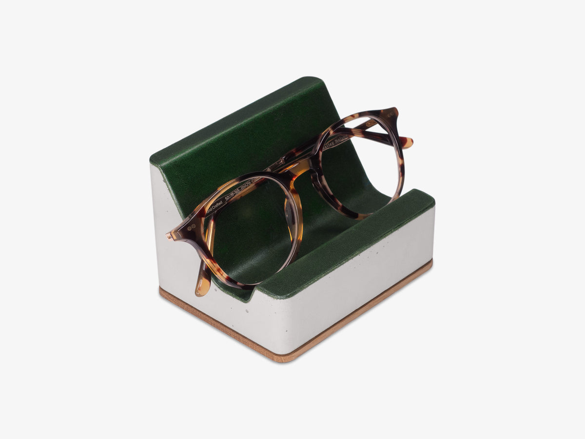 White Oak Glasses Rest, Italian Leather, in use, front-right view