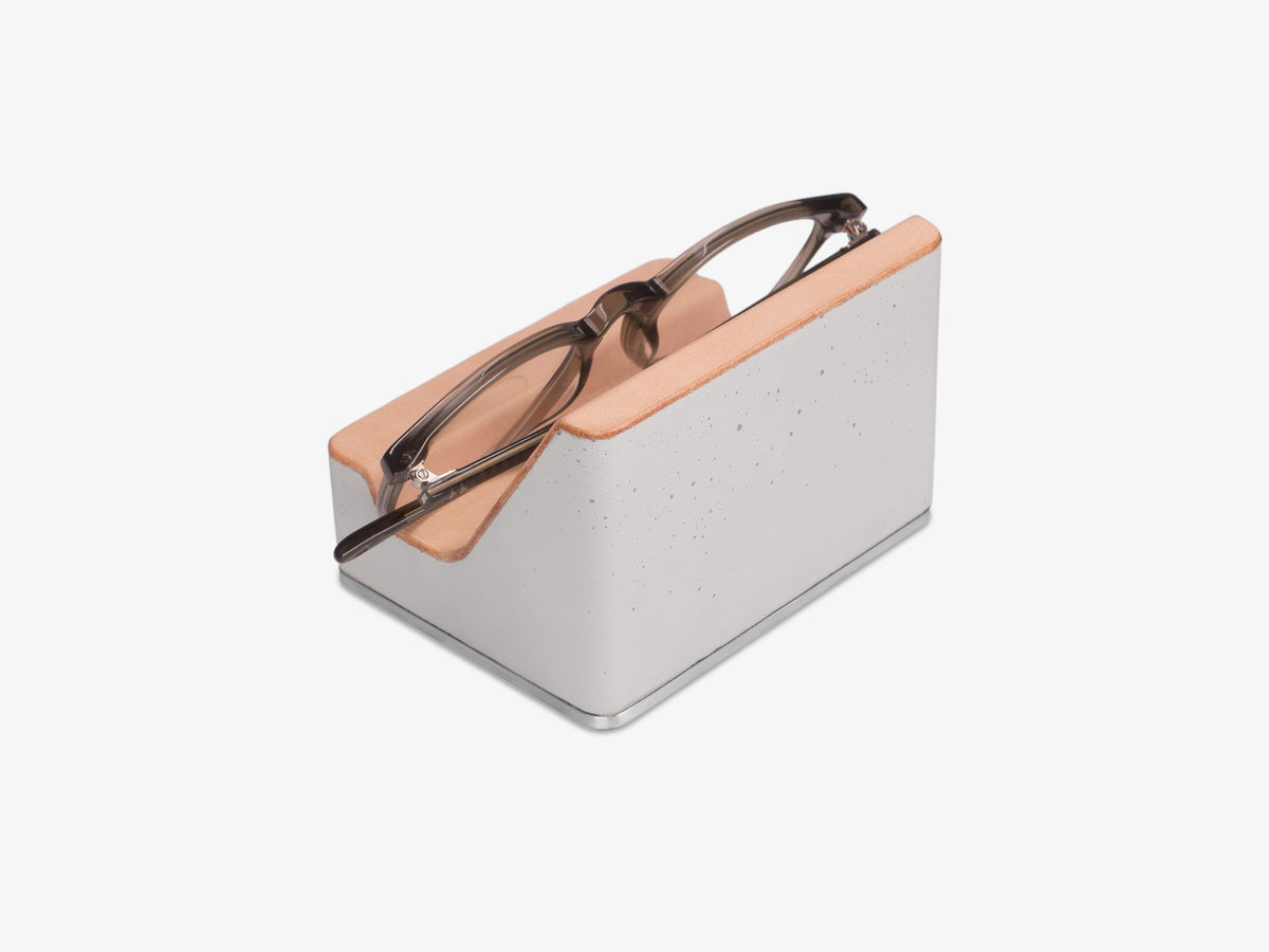 Stainless Steel Glasses Rest, Veg Tan Leather, with glasses, back-left view