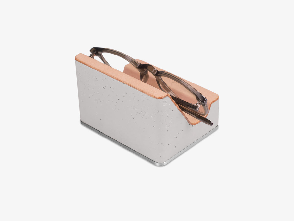 Stainless Steel Glasses Rest, Veg Tan Leather, with glasses, back-right view