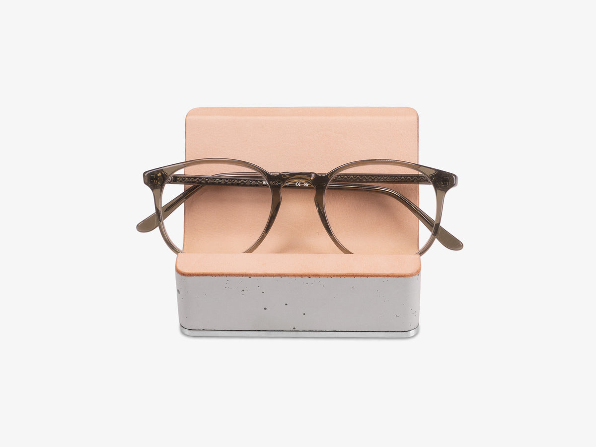 Stainless Steel Glasses Rest, Veg Tan Leather, in use, front view