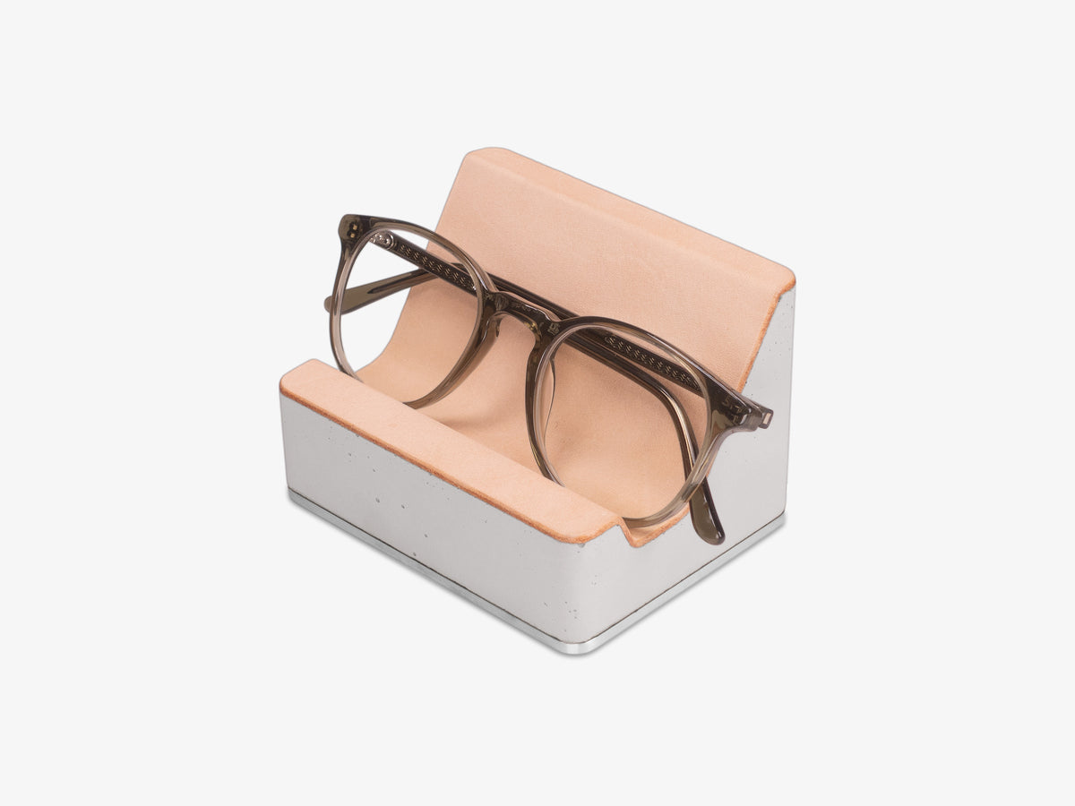 Stainless Steel Glasses Rest, Veg Tan Leather, in use, front-left view