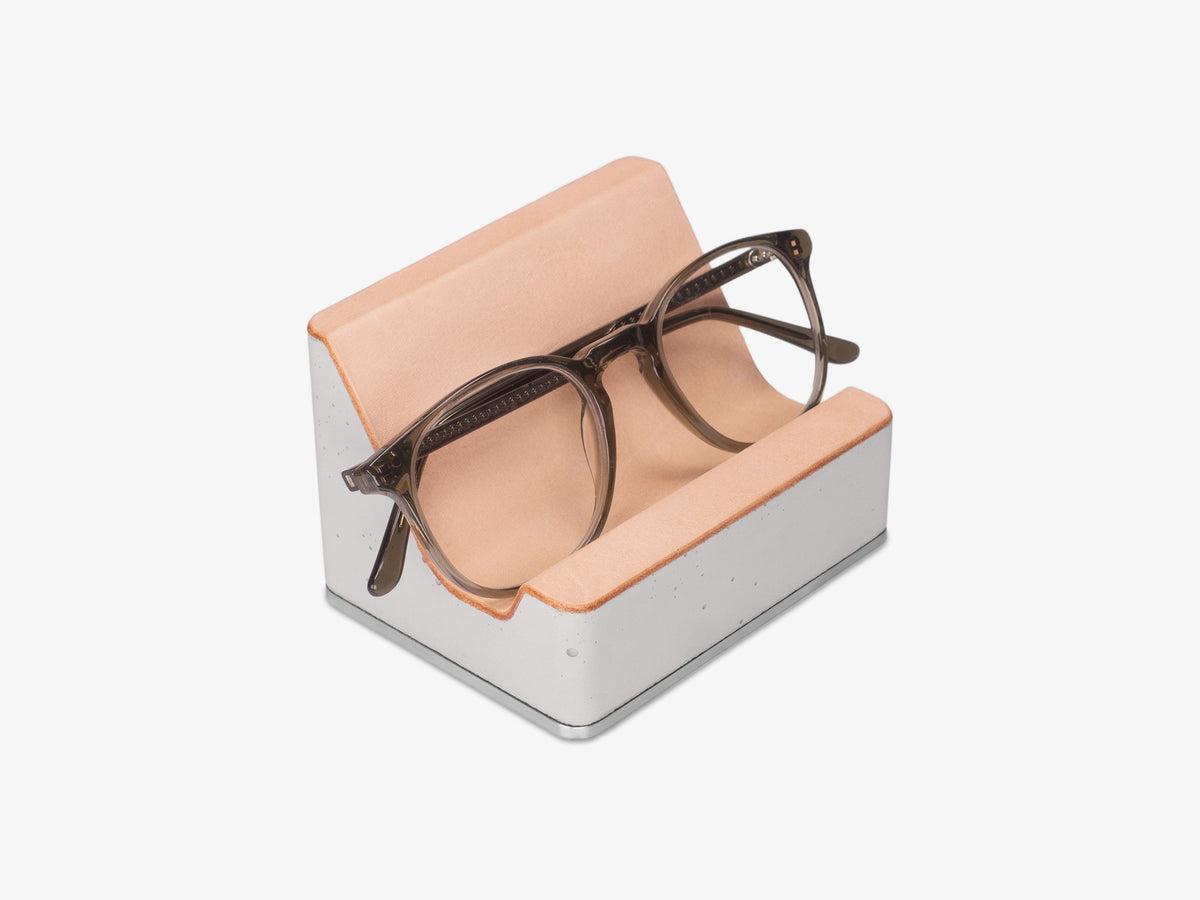 Stainless Steel Glasses Rest, Veg Tan Leather, with glasses, front-right view