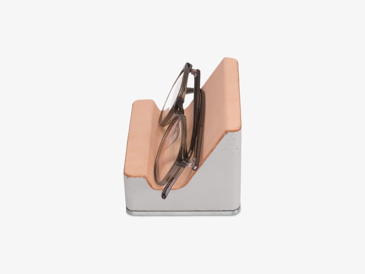 Stainless Steel Glasses Rest, Veg Tan Leather, in use, left view