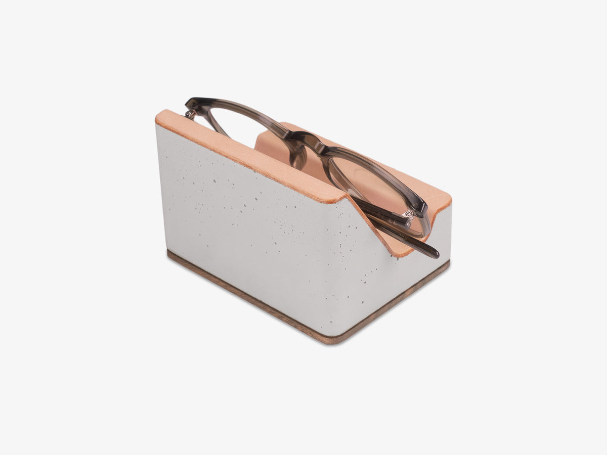 Walnut Glasses Rest, Veg Tan Leather, in use, back-right view