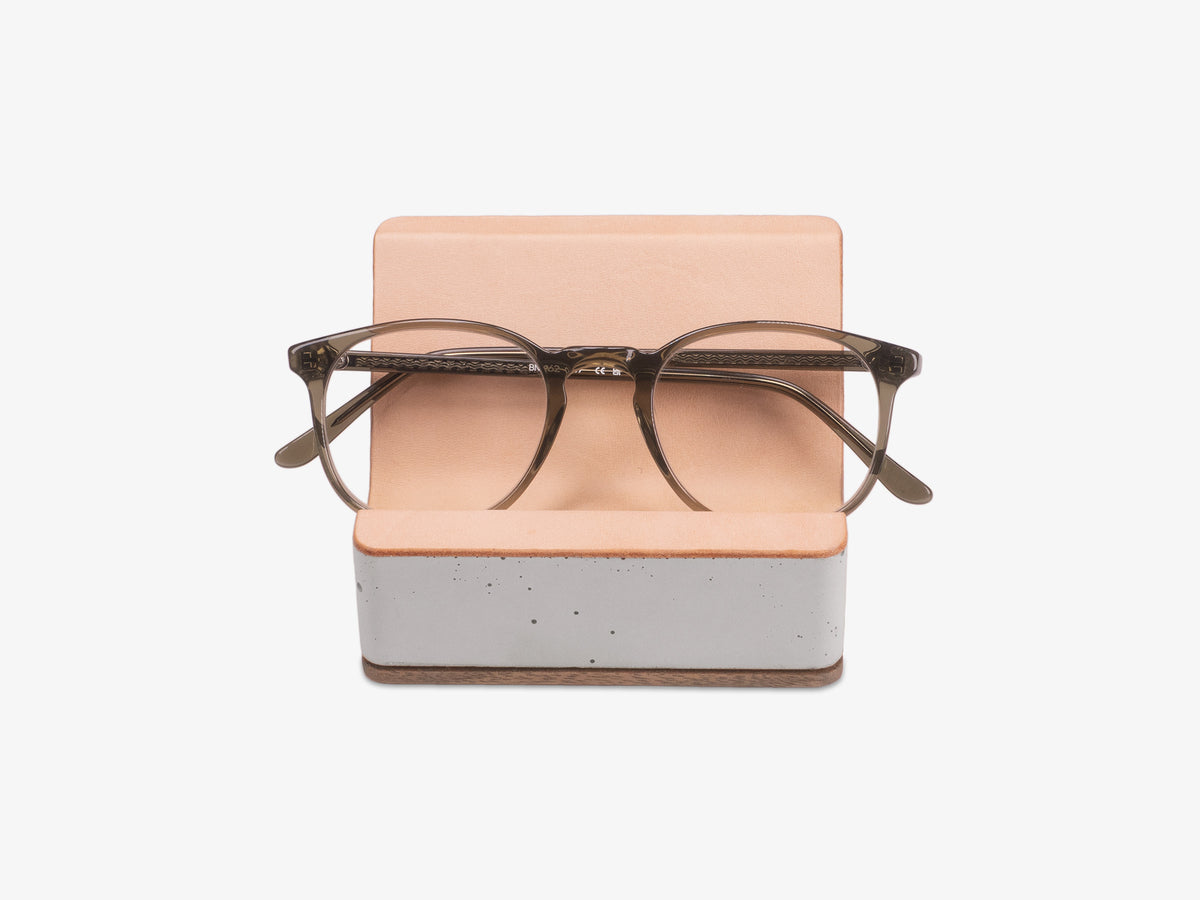 Walnut Glasses Rest, Veg Tan Leather, with glasses, front view