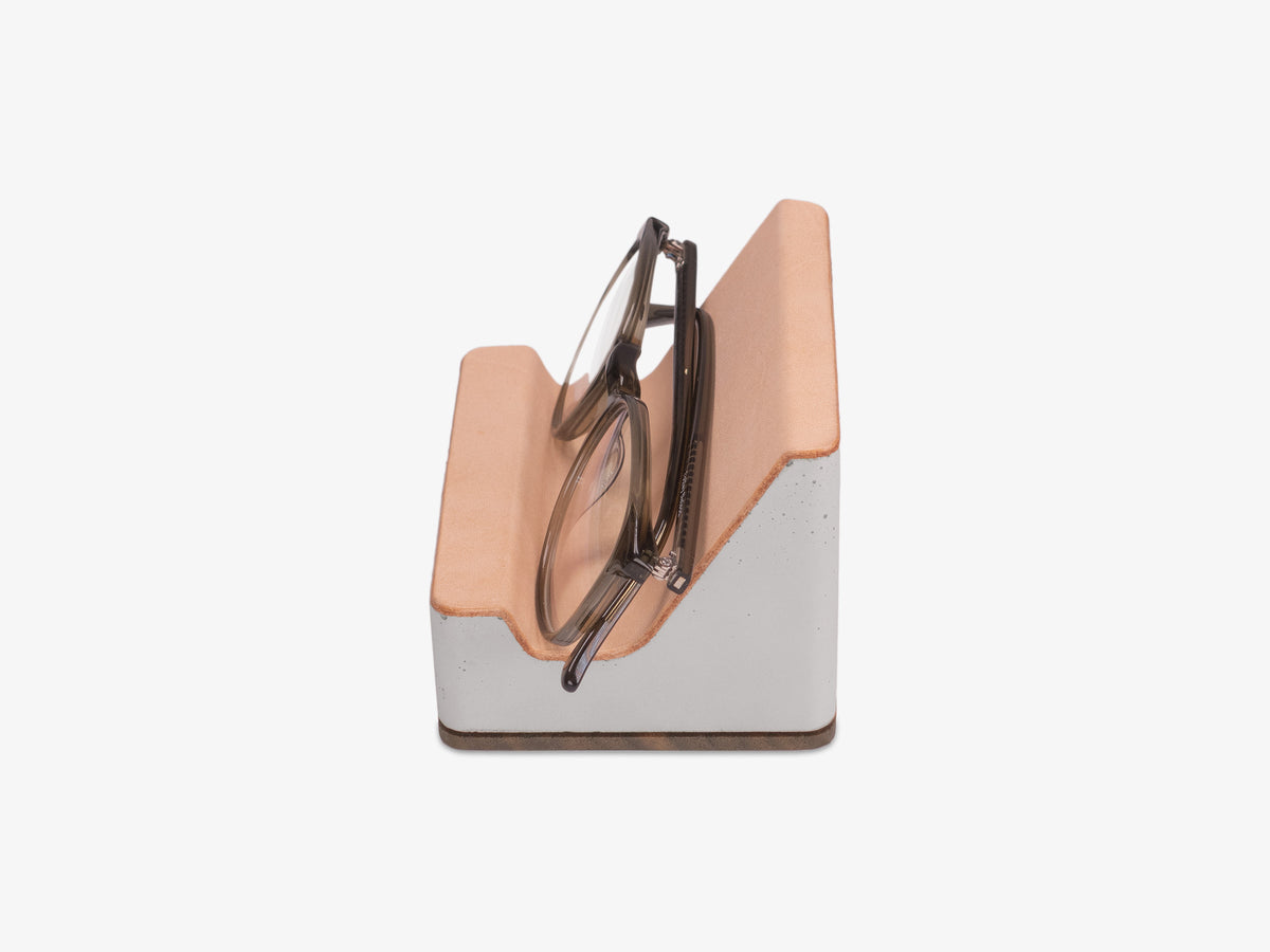 Walnut Glasses Rest, Veg Tan Leather, in use, left view